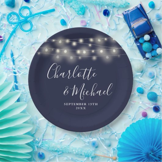 String Lights Signature Script Navy Blue Wedding Pappteller (Party)
