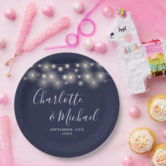 String Lights Signature Script Navy Blue Wedding Pappteller (Party)