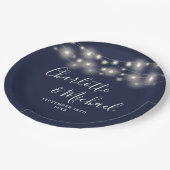 String Lights Signature Script Navy Blue Wedding Pappteller (Schrägansicht)