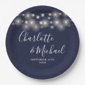String Lights Signature Script Navy Blue Wedding Pappteller (Vorderseite)