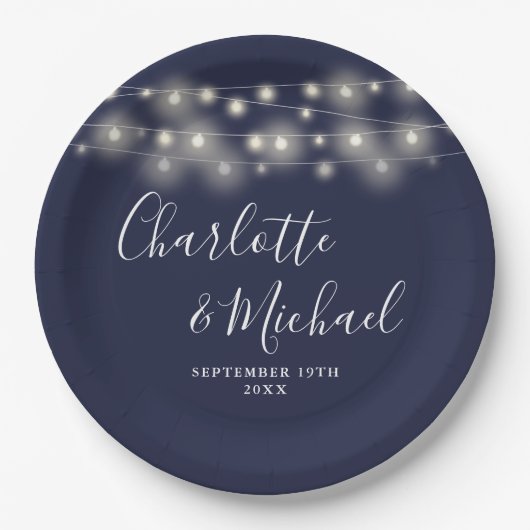 String Lights Signature Script Navy Blue Wedding Pappteller (Vorderseite)