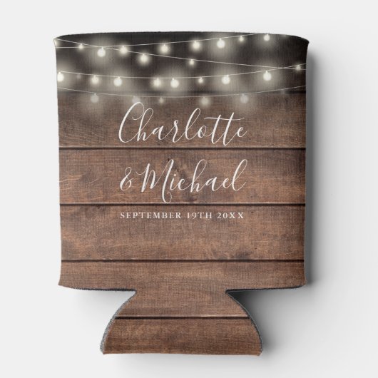 String Lights Signature Script Rustic Wood Wedding Dosenkühler (Rückseite)