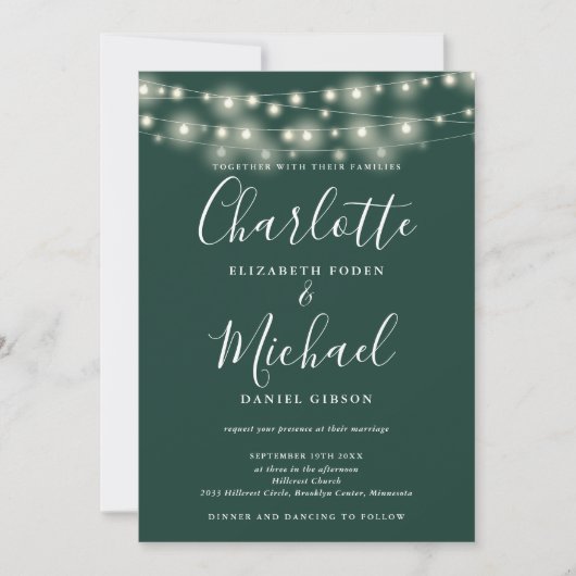 String Lights Smarald in einer einfachen Hochzeit Einladung (Vorderseite)