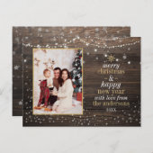 String Lights & Snow | Rustic Wood Christmas Foto Postkarte (Vorne/Hinten)