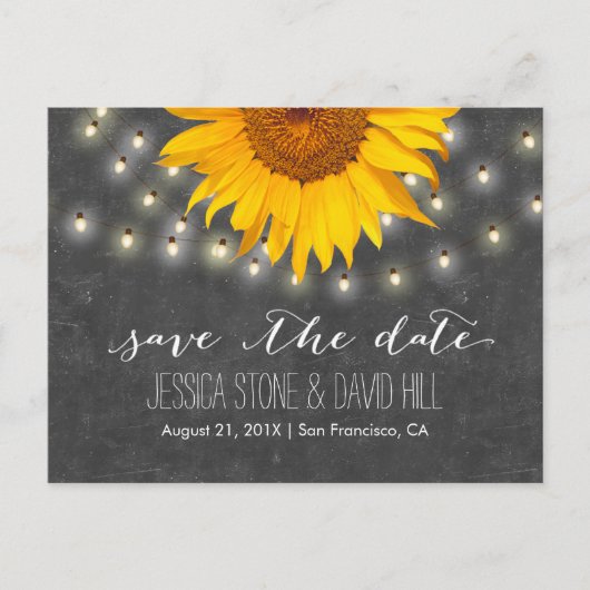 String Lights & Sunflower Wedding Save the Date Ankündigungspostkarte (Vorderseite)