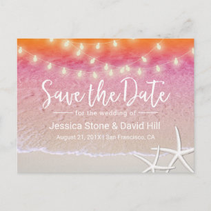 String Lights Sunset Beach Hochzeit Save the Date Ankündigungspostkarte