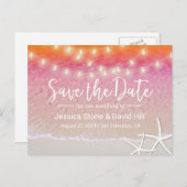 String Lights Sunset Beach Hochzeit Save the Date Ankündigungspostkarte (Vorne/Hinten)
