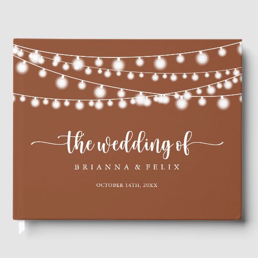 String Lights Terracotta Calligraphy Wedding Gästebuch (Vorderseite)