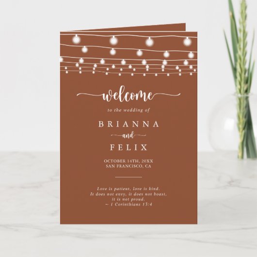 String Lights Terracotta Folded Wedding Program Programm (Vorderseite)