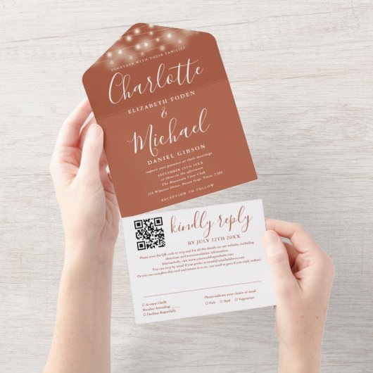 String Lights Terracotta Script QR Code Wedding All In One Einladung (Abreißen)