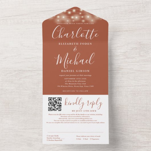 String Lights Terracotta Script QR Code Wedding All In One Einladung (Innen Boden)