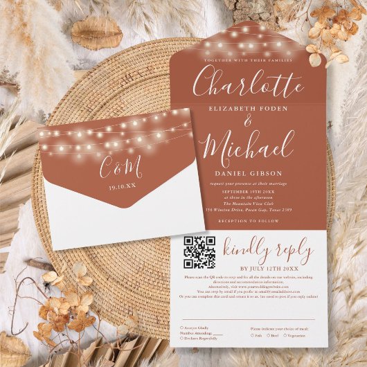 String Lights Terracotta Script QR Code Wedding All In One Einladung