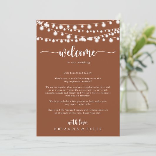 String Lights Terracotta Wedding Welcome Letter (Stehend Vorderseite)