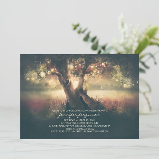 String Lights Tree - Carved Heart Brautparty Einladung (Stehend Vorderseite)