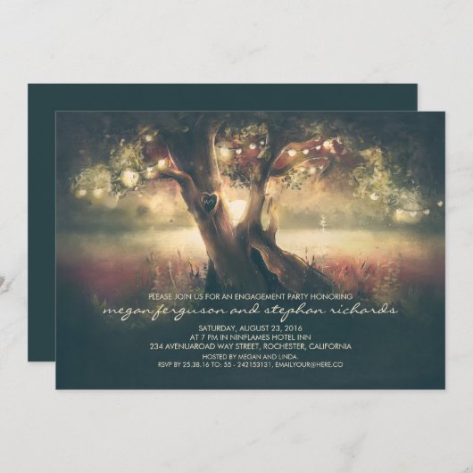 String Lights Tree - Carved Heart Engagement Party Einladung (Vorne/Hinten)
