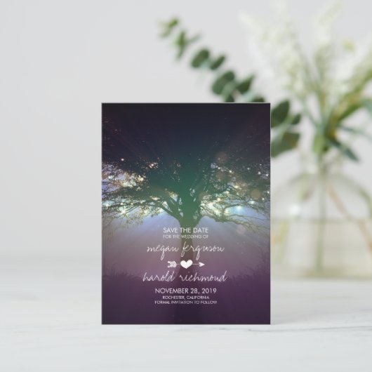 String Lights Tree Save the Date rustikal Ankündigungspostkarte (Stehend Vorderseite)