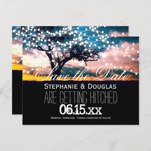 String Lights Tree Sunset Save the Date Postkarten (Vorne/Hinten)