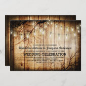 String Lights Tree Vintag Barn Wood Wedding Einladung (Vorne/Hinten)