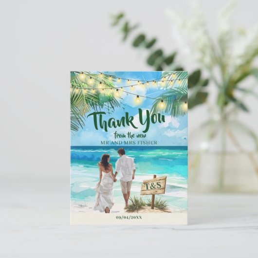 String Lights Tropical Beach Danke Hochzeit Postkarte (Stehend Vorderseite)