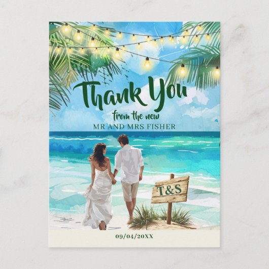 String Lights Tropical Beach Danke Hochzeit Postkarte (Vorderseite)