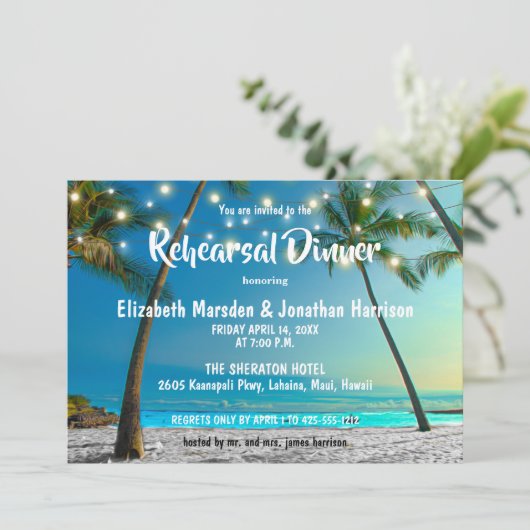 String Lights Tropical Beach Probe Dinner Einladung (Stehend Vorderseite)
