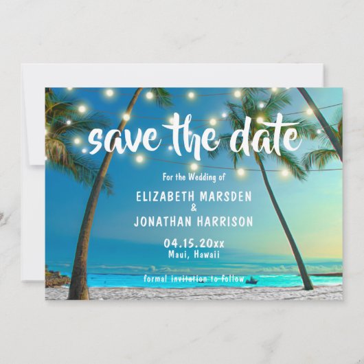 String Lights Tropical Beach Save the Date Foto Z (Rückseite)