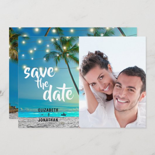 String Lights Tropical Beach Save the Date Foto Z (Vorne/Hinten)