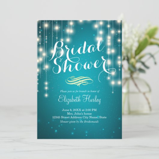 String Lights Türkis Bridal Dusche Einladung (Stehend Vorderseite)