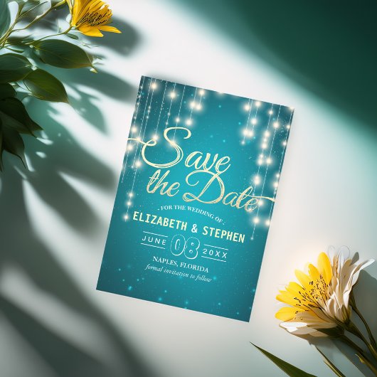 String Lights Turquoise Gold Script Save the Date