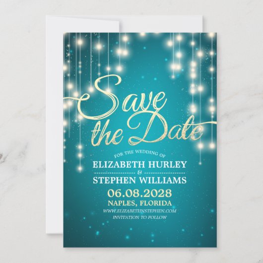 String Lights Turquoise Gold Script Save the Date (Vorderseite)