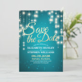 String Lights Turquoise Gold Script Save the Date (Stehend Vorderseite)