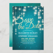 String Lights Turquoise Gold Script Save the Date (Vorne/Hinten)
