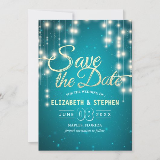 String Lights Turquoise Gold Script Save the Date (Vorderseite)