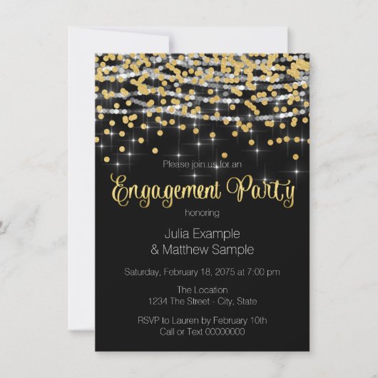 String Lights und Gold Confetti Engagement Party Einladung (Vorderseite)
