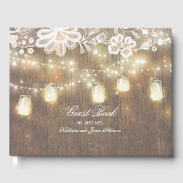 String Lights und Mason Jar Lace and Wood Wedding Gästebuch