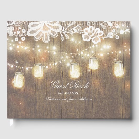 String Lights und Mason Jar Lace and Wood Wedding Gästebuch (Vorderseite)