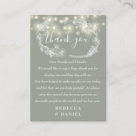 String Lights Vielen Dank, dass Sie Grünen Hochzei Platzkarte (Vorderseite)