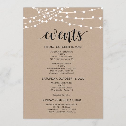 String Lights, Wedding Welcome and Itinerary Card Programm (Rückseite)