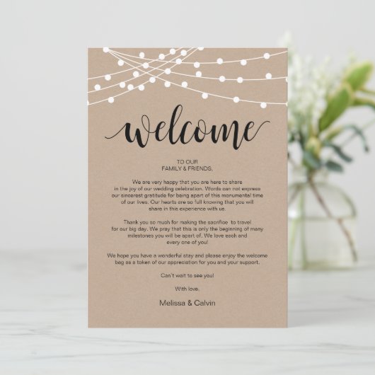 String Lights, Wedding Welcome and Itinerary Card Programm (Stehend Vorderseite)