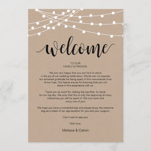 String Lights, Wedding Welcome and Itinerary Card Programm (Vorderseite)