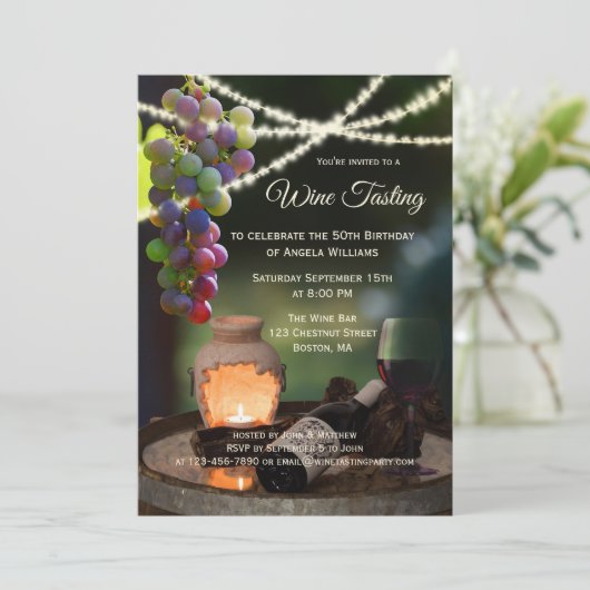 String Lights Wein Degustation Party Einladung (Stehend Vorderseite)