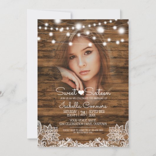 String Lights Wood and Lace Sweet 16 Party Einladung (Vorderseite)