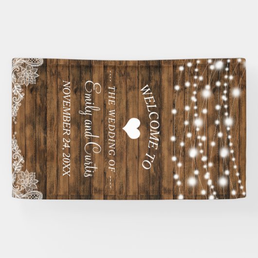 String Lights Wood and Lace Wedding Banner (Horizontal)