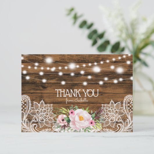 String Lights Wood floral and Lace Danke Karte (Stehend Vorderseite)