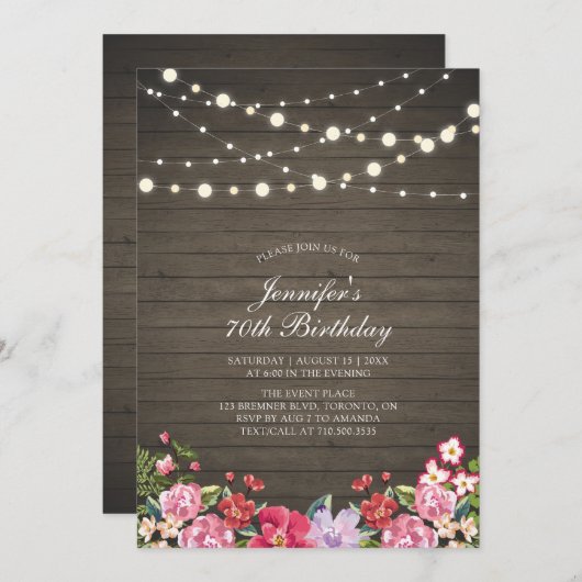 String Lights & Wood | Floral Erwachsene Geburtsta Einladung (Vorne/Hinten)
