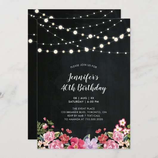String Lights & Wood | Floral Erwachsene Geburtsta Einladung (Vorne/Hinten)