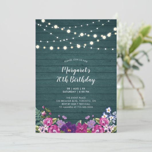 String Lights & Wood | Floral Erwachsene Geburtsta Einladung (Stehend Vorderseite)