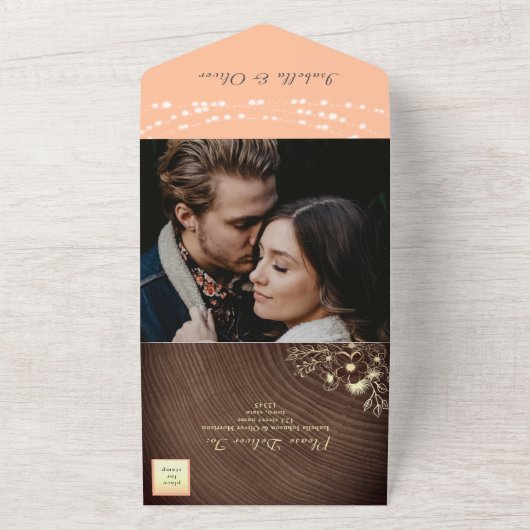 String Lights Wood Rustic Peach Wedding All In One Einladung (Außenbereich)