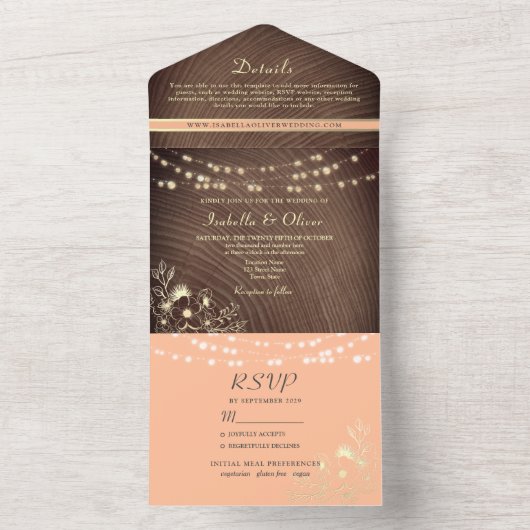 String Lights Wood Rustic Peach Wedding All In One Einladung (Innen Boden)