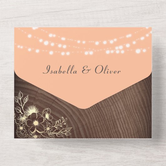 String Lights Wood Rustic Peach Wedding All In One Einladung (Rückseite)
